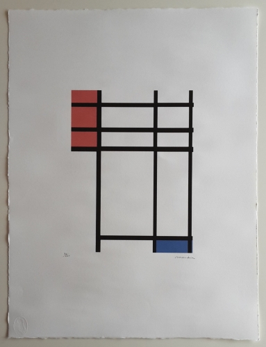 naar piet  Mondriaan  - Composition de rouge, bleu et blanc