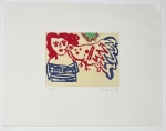 Guillaume Corneille - Gravure ancienne signe, L'oiseau rouge et bleu, 1987