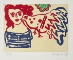 Guillaume Corneille - Gravure ancienne signe, L'oiseau rouge et bleu, 1987