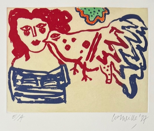 Guillaume Corneille - Gravure ancienne signe, L'oiseau rouge et bleu, 1987