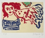 Guillaume Corneille - Gravure ancienne signe, L'oiseau rouge et bleu, 1987