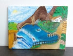 Item N 20 - Schilderwerk: Eilandhuisje aan waterval