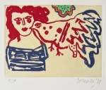 Signed etching : The blue and red bird, 1987