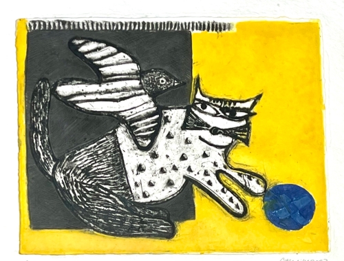 Guillaume Corneille - Aquagravure De kat met de blauwe bal, 2003