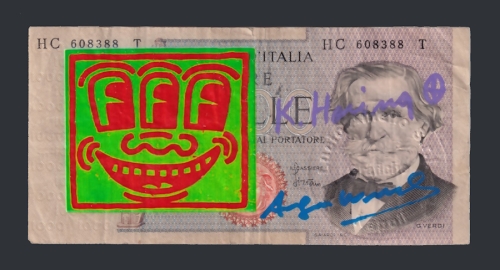 Keith Haring (after) - Keith Haring & Andy Warhol - 1000 lire signed with a drawing by Keith Haring