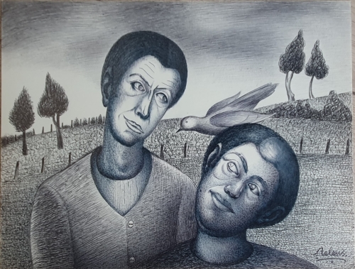 Gaston Relens - Two heads with bird