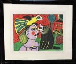 Signed lithograph: Woman, cat and bird, 2002, enframed!