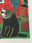 Guillaume Corneille - Lithographie signe : Femme, chat et Oiseau, 2002, encadre!