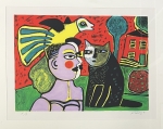 Guillaume Corneille - Litho gesigneerd : Vrouw, kat en vogel, 2002, ingelist!