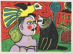 Guillaume Corneille - Litho gesigneerd : Vrouw, kat en vogel, 2002, ingelist!