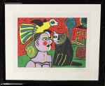 Guillaume Corneille - Lithographie signe : Femme, chat et Oiseau, 2002, encadre!