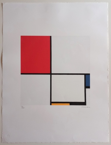 naar piet  Mondriaan  - Composition no. III, met rood, blauw, geel en zwart