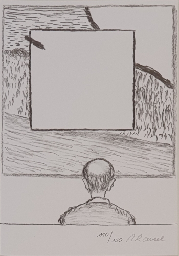 Roger Raveel - Self-portrait in front of a view through with landscape and square.