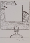 Self-portrait in front of a view through with landscape and square.