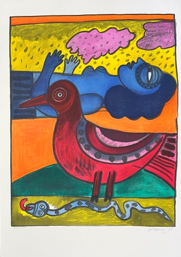 Guillaume Corneille - L'oiseau rouge et le serpent Cobra, 1998