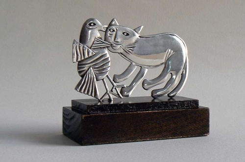 Guillaume Corneille - Sculpture in Silver 925: Games between cat and bird