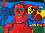 Grote affiche "Vrouw, kat en masker" met Atelier-stempel
